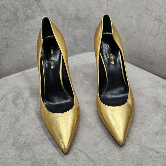 Saint Laurent Pumps 8.5 Golden Leather Stiletto Pointed Toe Luxury Made In Italy - Picture 6 of 16
